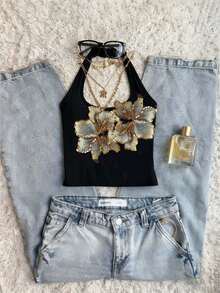 Camiseta de tirantes ajustada y casual con cuello halter, adecuada para el verano - Negro - Ver 5