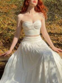 SHEIN MOD 女士杏色扭结抹胸上衣和半裙套装 - 杏色 - 查看 2