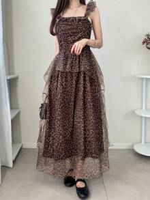 FRIFUL Women's Elegant Summer Long Dress,Brown Checkered Leopard Print Mesh Fabric Decor Frill Trim Cap Sleeve Sweet Layered Boho Sun Vacation Outfits - Brown - View 6