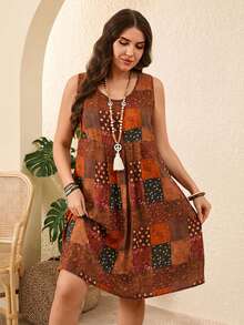 EMERY ROSE Plus Size Leisure Patchwork Printed Sleeveless Dress,Boho For Women/Summer,Western Wear Women,Vacation Outfits Woman - Mocha Brown - View 4