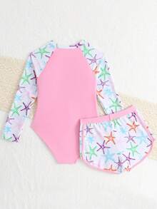 SHEIN Tween Girls Bikini Sets, Pink Base With Starfish Print, Long Sleeve One-Piece Swimsuit & Triangle Bottoms, Suitable For Summer Vacation, Beach, Swimming Pool, Party & Leisure Rashguard Swimsuit Girl Starfish Bathing Suit Tween Long Sleeve Swimsuit - Multicolor - View 2