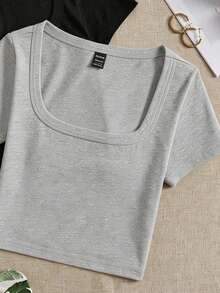 SHEIN EZwear 两件套休闲简约方领短袖修身露脐女式T恤 - 彩色 - 查看 3