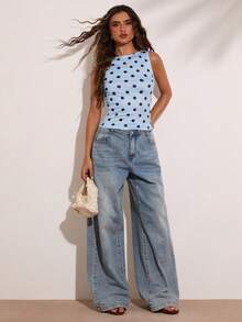 SHEIN BAE 蓝色波点印花休闲度假基础款上衣，适合海滩、度假、日常穿着、休闲外出、朋友聚会、音乐节、通勤、浪漫约会等场合，时尚无袖设计。 - 藍色 - 查看 1