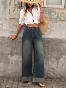 Attitoon Women's High Waist Pockets Wide Leg Loose Casual Jeans - Dark Wash - View 3