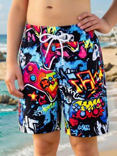 SHEIN Boys' Personalized Swimwear Shorts, Palm Leaf Print Design, Comfortable And Suitable For Swimming Pool And Beach Summer Vacation Thermal Christmas Holiday Festival New Years Valentines Swim Graphic Shorts Men Swim Trunks Boys Swim Trunks Swim Trunks For Teens Bathing Suits For Teens Shorts