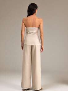 SHEIN Tall Conjunto de 2 piezas de top de camisola con botón de metal elegante y minimalista, y pantalones anchos de cintura alta color caqui, adecuado para ir a trabajar, uso casual, vacaciones - Caqui - Ver 2