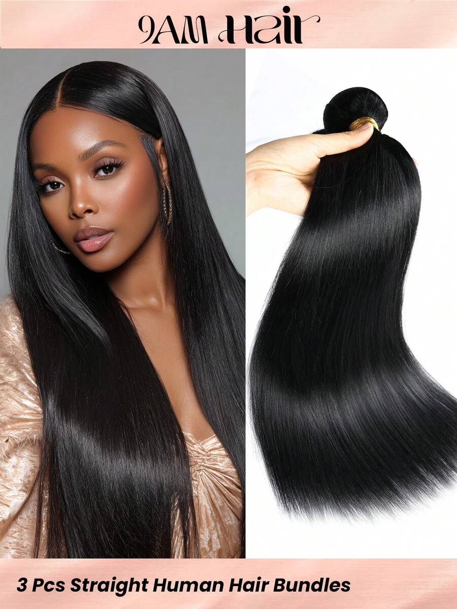 3入組直筒人髮束100%人類頭髮編織人類接髮自然顏色 - Natural Black - 查看 1
