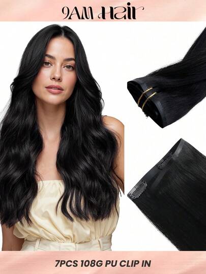 Seamless Clip Ins 100% Real Human Hair Extension 7PCS Seamless PU Clip In Human Hair Extensions Straight 14-22 Inch Jet Black Skin Weft Remy Hair Extensions 110G With Clips