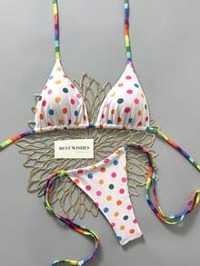 Swim Mod Neck Tie Printed Soft Fabric Thong Bikini Swimsuit Set - Multicolor - View 7