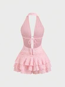 Sweetra Y2K Sexy Backless Lace Romper Jumpsuit Dress - Pink - View 2