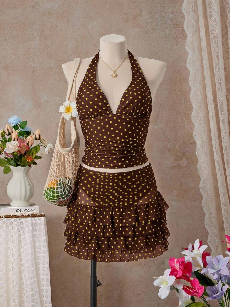 Bellisia Áo tắm tankini nữ gợi cảm, hở lưng, buộc dây cổ, họa tiết chấm bi, thích hợp cho bãi biển và kỳ nghỉ. - màu nâu - Xem 1