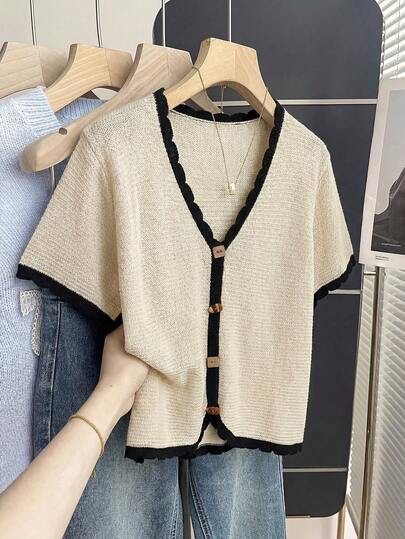 Franclia Plus Size Women Spring/Summer Fashion Color Block Ruffle Trim Short Sleeve Knit Cardigan, Casual Chic Versatile Top