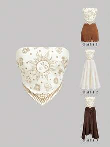 SHEIN MOD 带图案下摆围巾的抹胸上衣 - 彩色 - 查看 2