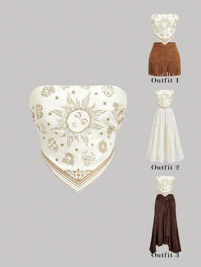 SHEIN MOD 带图案下摆围巾的抹胸上衣