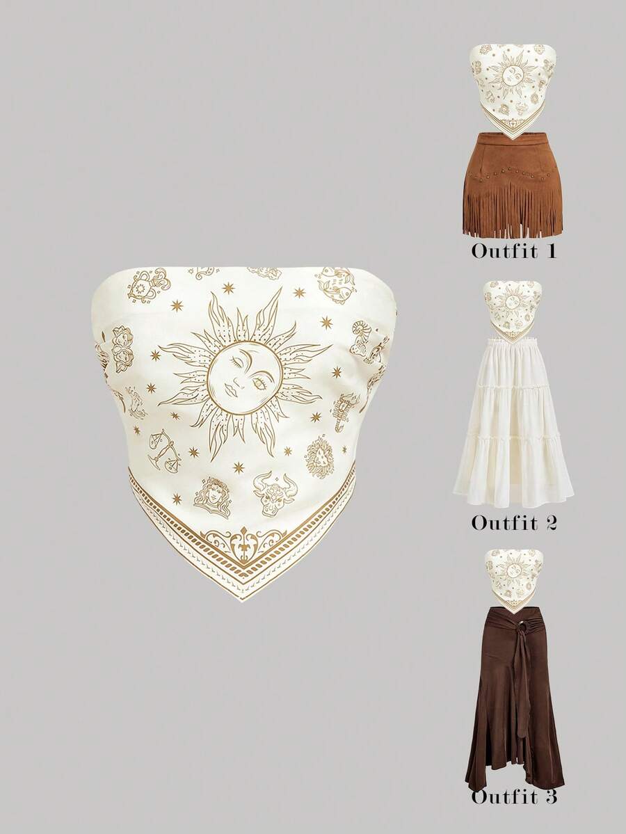 SHEIN MOD Women's Bandeau Top With Pattern Hem Scarf, Fashionable For Dates,Spring /Summer Outfits Women, Vacation Outfits Women,Party , Garden Party ,  Elegant Party, Wedding Guest Party Set,Going Out Outfits,Beach ,Summer Holiday Outfits ,Festival , Picnic,Birthday,Boho,Western, Festival Outfit, Boho Top - Multicolor - View 1