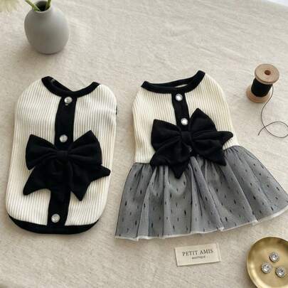 PETSIN Bộ đồ đôi cho thú cưng kiểu cổ điển, mềm mại, thoáng khí, co giãn, làm từ vải dệt kim, họa tiết sọc đen trắng với nơ lớn trang trí, thoải mái, thân thiện với da, phù hợp cho chó nhỏ và vừa, mèo, chó Bichon Frise, Poodle, Pomeranian, mặc hàng ngày, chụp ảnh dự tiệc, quà tặng cho người yêu thú cưng, phụ kiện thời trang cho thú cưng, quần áo cho thú cưng, bộ đồ cho chó và mèo, phụ kiện.