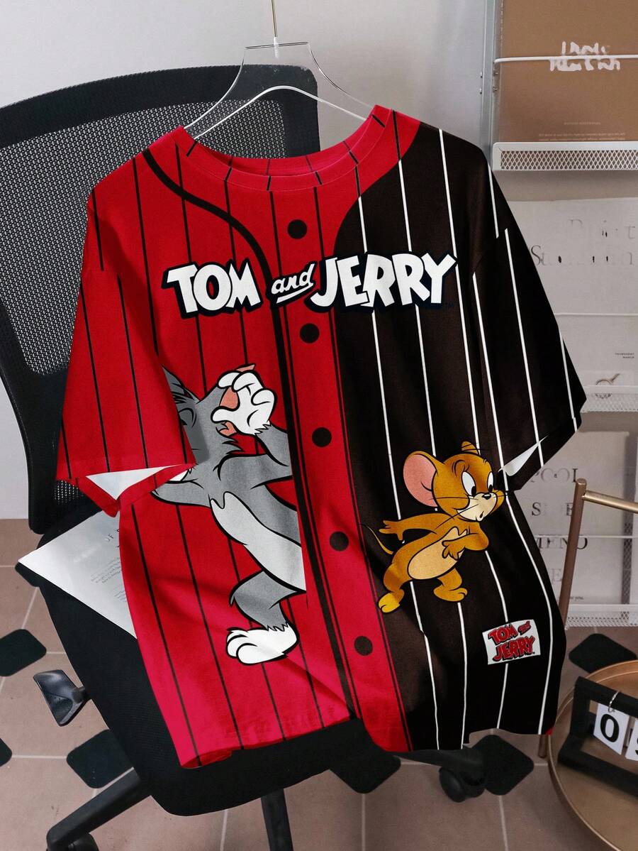 TOM & JERRY X SHEIN Men's Cartoon Print Loose Casual Short Sleeve T-Shirt - White - View 1