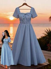 Elenzga Nuevo vestido de mujer para primavera/verano con volantes, cuello cuadrado, lazo delantero, cintura elástica con pliegues a rayas, bajo acampanado, forrado, largo - Azul y blanco - Ver 1