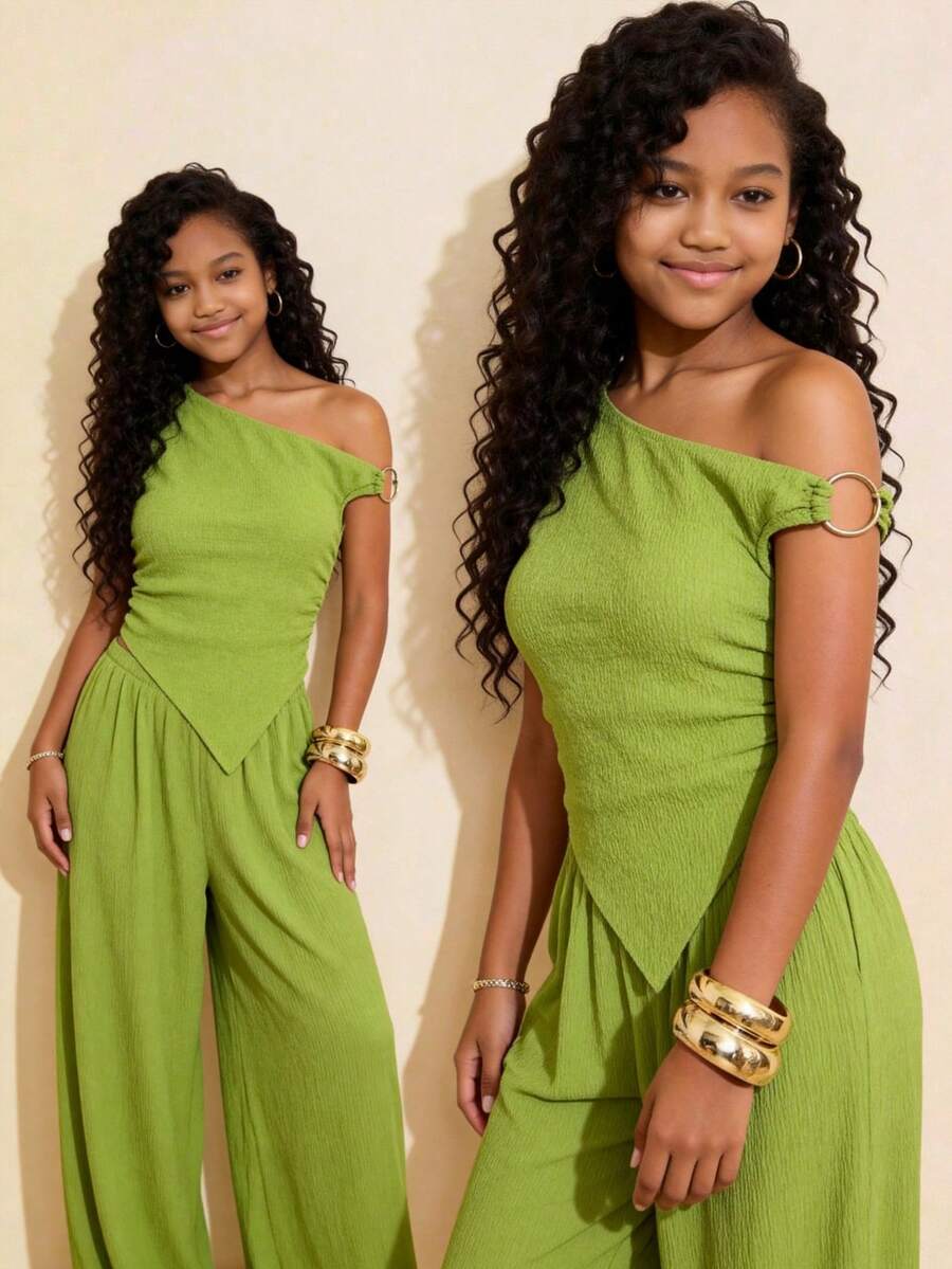 Travachic KIDS 少女夏季休闲百搭绿色纹理不对称肩部上衣 - 綠色 - 查看 1