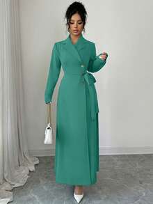 Elenzga Ladies Weave Elegant Autumn Long Dresses For Vacation - Teal Blue - View 3