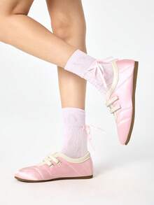 ROMWE Grunge Punk Chaussures plates pour femmes avec imprimé léopard, chaussures de danse de ballet à surface en tissu, chaussures mocassins, petites chaussures  de style "Mary Jane" - Rose bonbon - Voir 3