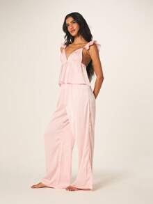 MISSGUIDED Women's Pink Ruffle Sleeveless V-Neck Cami Top With Wide Leg Palazzo Pants Pajama Set Sleep Loungewear For Spring Summer - Pink - View 4