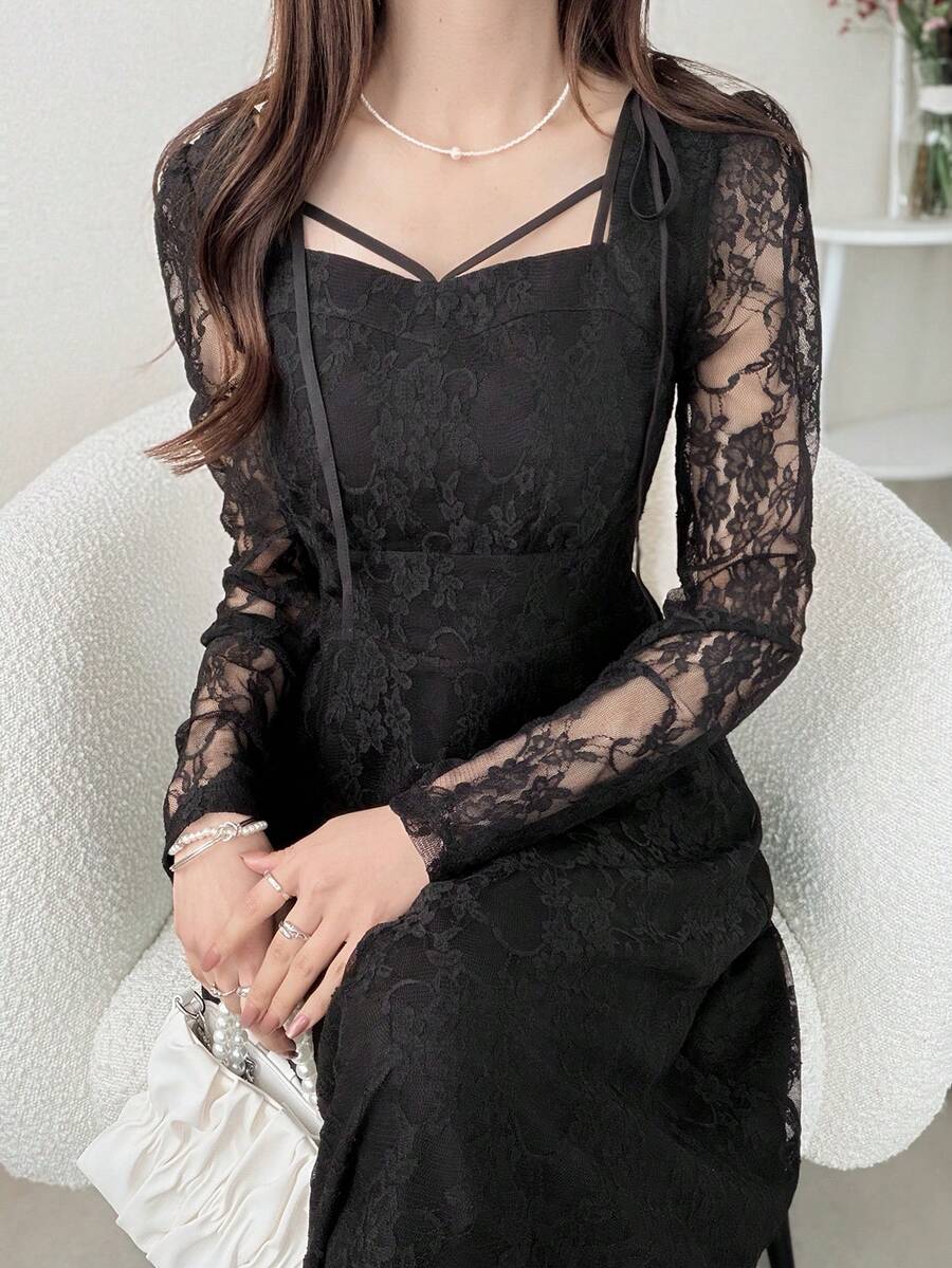 FRIFUL Vestido Evasê de Renda com Decote Quadrado e Amarração Cruzada no Pescoço, Cor Sólida, Vestidos Solares Doces e Elegantes para Mulheres - Preto - Visão 1