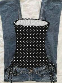 Sparklyn Summer Tween Girls Polka Dot Print Tube Top Polka Dot Tops Squishy Tops  Summer Tops - Black - View 2