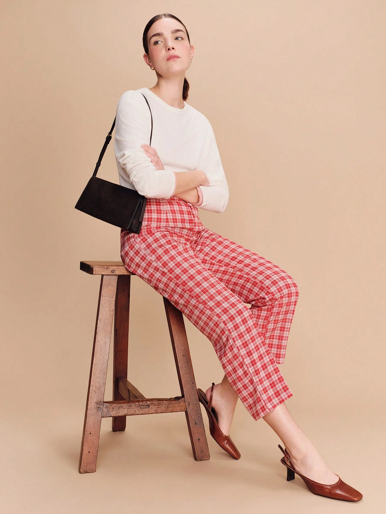 Spodnie z wysokim stanem i nadrukiem w czerwoną kratkę, w stylu vintage, urocze, na wiosnę i lato