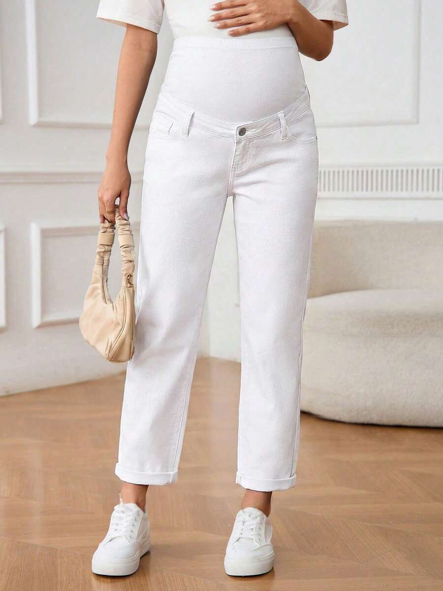 SHEIN Justerbar midja, gravidjeans med avslappnad passform - Vitt - Visa 1
