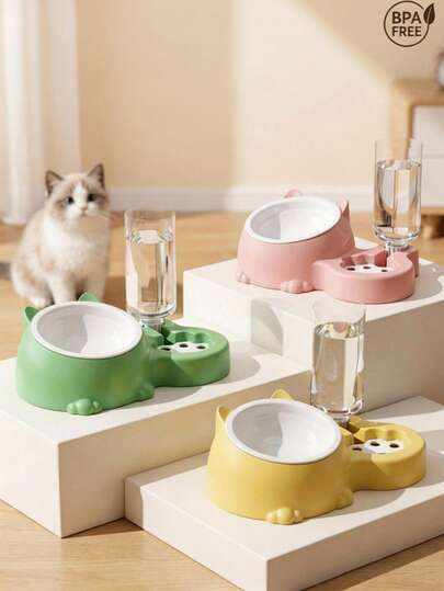 PETSIN Cat Bowl 2-In-1 Double Bowl Automatic Drinking Water, Cat Food, Dog Food Basin, Pet Universal Food Basin, Neck Protection, Anti Knock Feeding Device,Multiple Colors Available