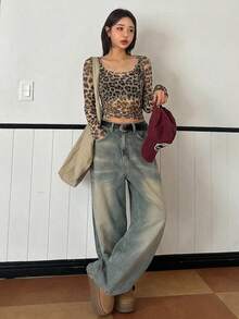 DAZY Camiseta de manga larga con estampado de leopardo y malla para mujer - Marrón - Ver 3