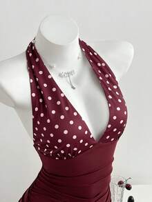 Elamini 女士性感深V领波点拼接荷叶边紧身迷你连衣裙，夏季度假 - 酒紅色 - 查看 1