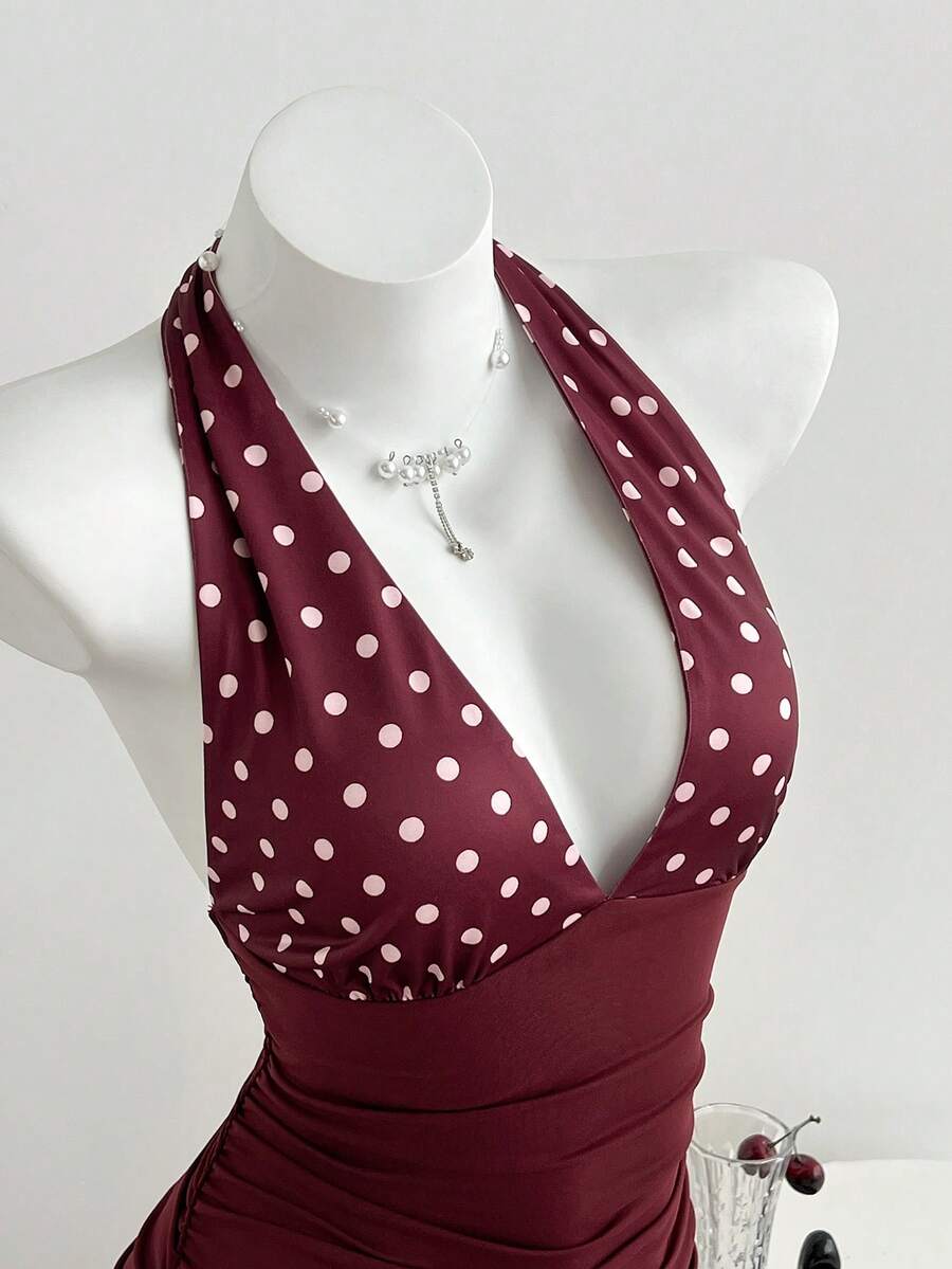 Elamini 女士性感深V领波点拼接荷叶边紧身迷你连衣裙，夏季度假 - 酒紅色 - 查看 1