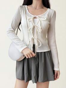 DAZY Cardigan femme à col V profond, manches longues, en tissu texturé avec nœud devant - Nude - Voir 6