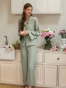 Snug Reverie Women's Comfortable Button-Up Long Sleeve Pajama Set - Green - View 4