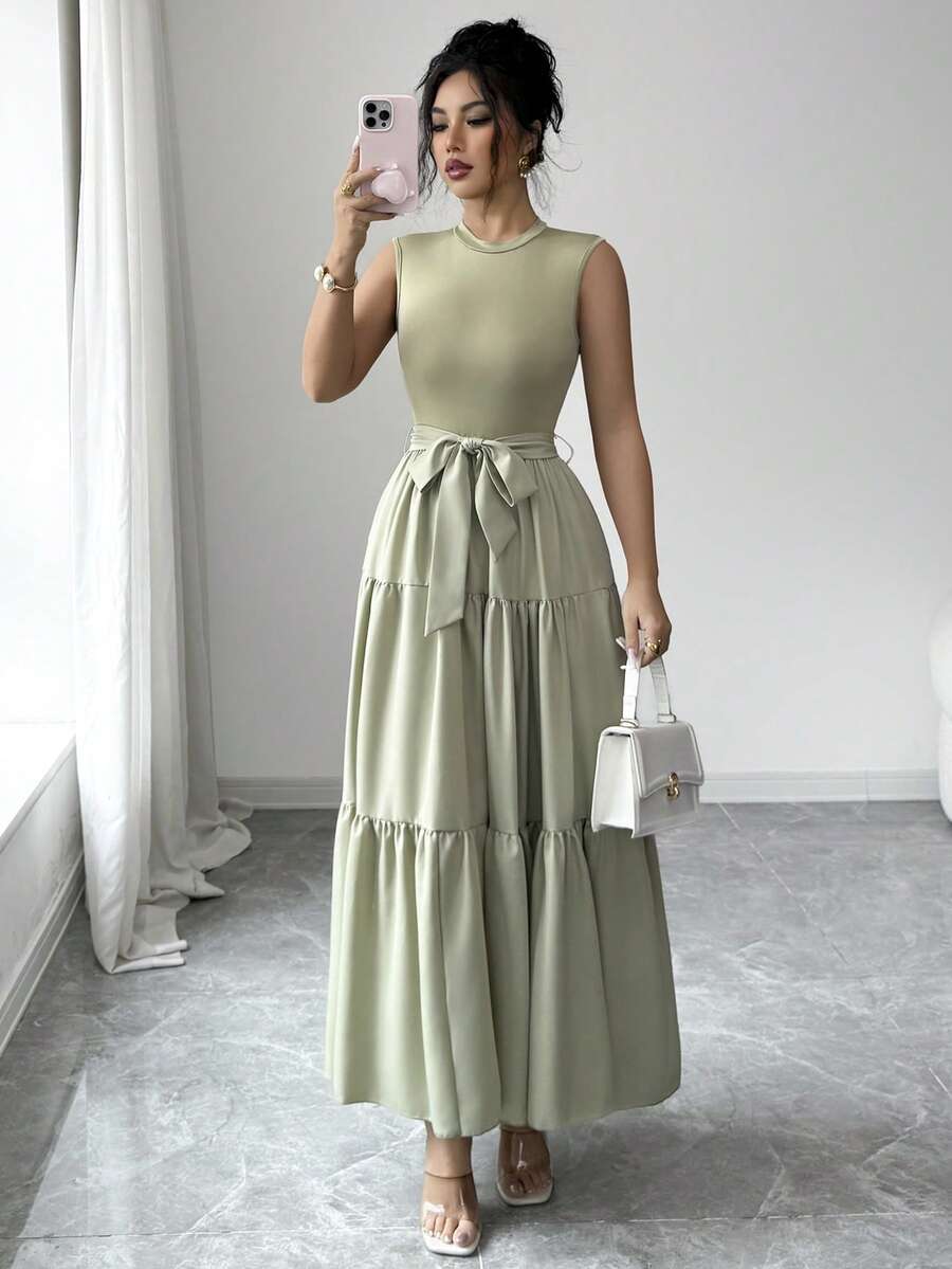 Elenzga 女士优雅浪漫婚礼宾客派对夏季度假圆领无袖收腰A字飘逸连衣裙 - 軍綠色 - 查看 1