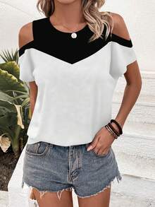SHEIN LUNE Color Block Open Shoulder T-Shirt Graphic Tees Women Tops - Multicolor - View 4