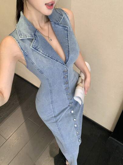 DAZY Spring & Summer Fashion Vintage Washed Blue Waist-Cinched Fitted Casual Music Festival Street Vacation Style Lapel Mid-Length Denim Shirt Dress With High Slit For Women