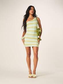 MISSGUIDED 钩针编织单肩锯齿条纹迷你连衣裙，不对称领口，春夏派对鸡尾酒会晚宴无袖修身款 - 彩色 - 查看 3