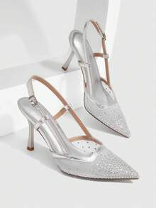 CUCCOO SZL Women's Pointed Toe High Heel Black Mesh Rhinestone Embellished Fashionable Sexy Glamorous Party Occasion Stilettos With Ankle Strap - Silver 1 - View 1