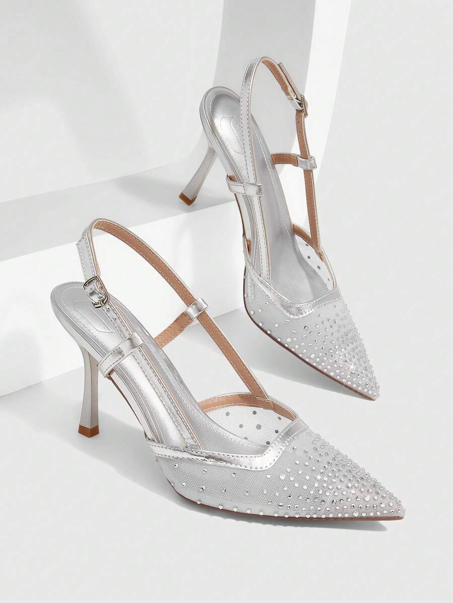 CUCCOO SZL Women's Pointed Toe High Heel Black Mesh Rhinestone Embellished Fashionable Sexy Glamorous Party Occasion Stilettos With Ankle Strap - Silver 1 - View 1