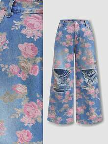 SHEIN MOD 大码女式印花破洞直筒牛仔裤，夏季女装，春季女装，情人节外出休闲牛仔裤，Y2K印花牛仔裤，粉色女式牛仔裤 - 淺色水洗藍 - 查看 3