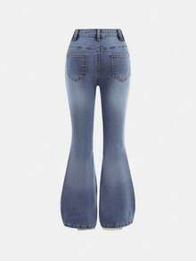 Girlism Tween Girl Y2K Retro Washed High Waist Washed Heart Buckle Belt Flare Leg Jeans, For Streetwear And Valentine Day - Medium Wash - View 2
