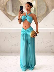 Slaydiva Sang trọng, lãng mạn, gợi cảm, hoàn hảo cho kỳ nghỉ xuân/hè, tiệc bãi biển, hẹn hò, tiệc sinh nhật, bộ đồ hai mảnh màu xanh lam-xanh lá cây dành cho nữ, gồm áo bra cổ yếm và chân váy dài xòe bằng chiffon phối nhiều mảnh, vừa thanh lịch vừa thoải mái. - Màu xanh bạc hà - Xem 5