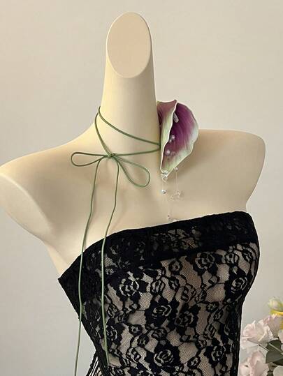 INAWLY Women's Solid Color Lace Sheer Fringe Hem Bandeau Sleeveless Top