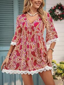 SHEIN LUNE Women's Casual Vacation Bohemian Printed V-Neck Petal Sleeve Patchwork Ruffle Hem Short Dress, Spring/Summer - Red - View 1