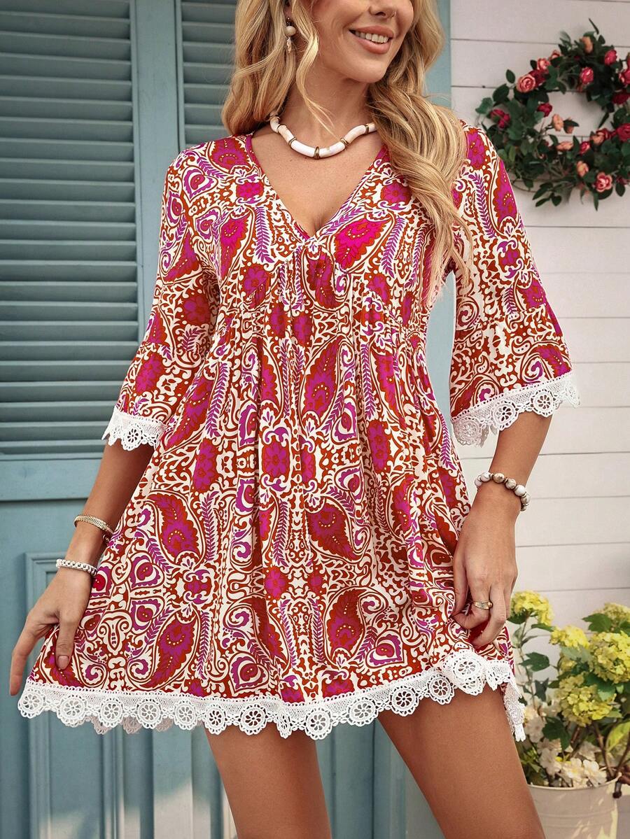 SHEIN LUNE Women's Casual Vacation Bohemian Printed V-Neck Petal Sleeve Patchwork Ruffle Hem Short Dress, Spring/Summer - Red - View 1