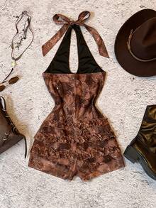 TRNVIE 女士V领镂空蕾丝连体裤，适合音乐节和度假，春夏款 - 棕色 - 查看 2