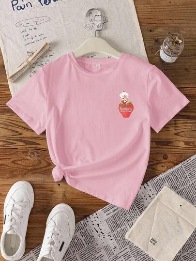 Strawberry Shortcake X SHEIN Áo thun ngắn tay tối giản, phong cách thường ngày dành cho bé gái tuổi teen, thích hợp cho mùa hè, X